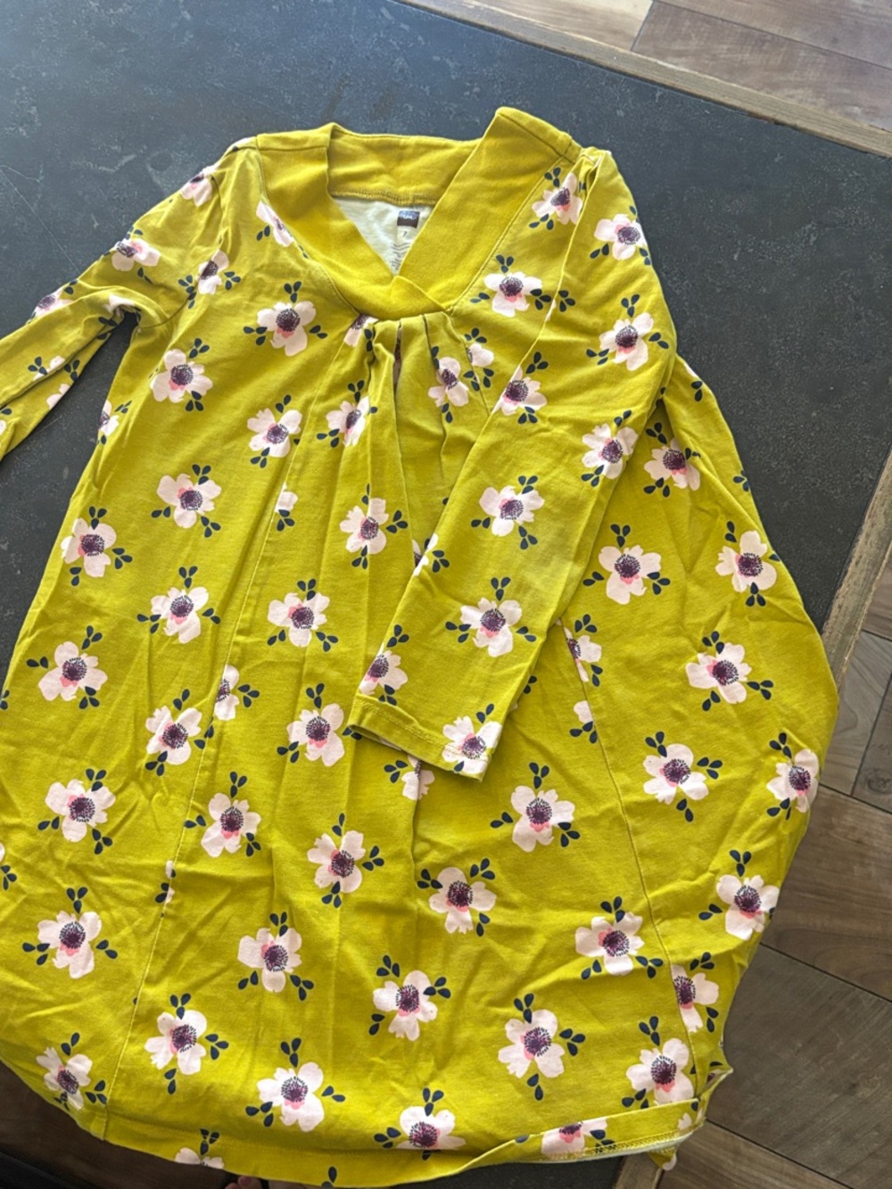 Tea Floral V-Neck Tunic Top - Mustard Yellow with Pink Flowers